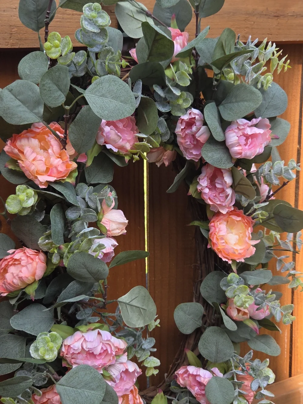 XL Everyday Elegant Pink & Peach Peony Floral Eucalyptus Door Wreath